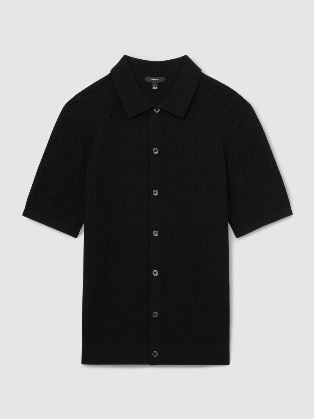 Men Textured Knit Button-Through Shirt in Black
