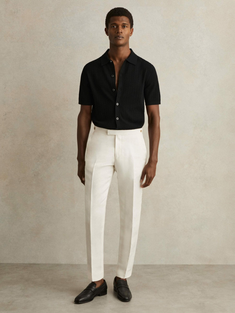 Men Textured Knit Button-Through Shirt in Black