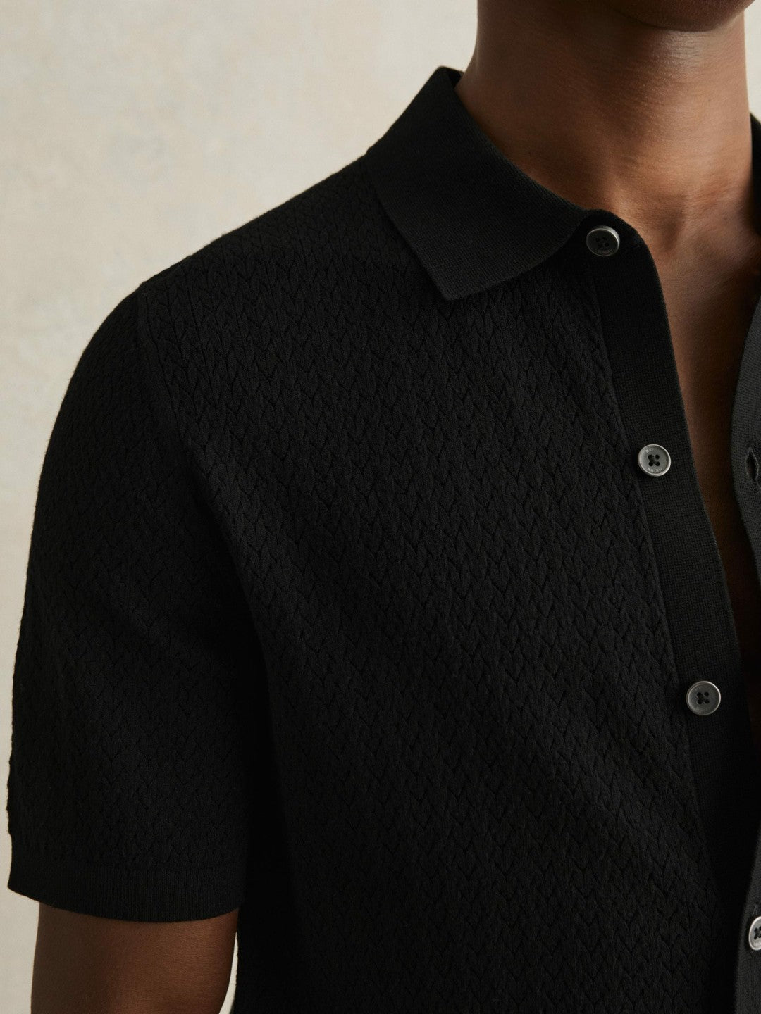 Men Textured Knit Button-Through Shirt in Black