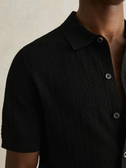 Men Textured Knit Button-Through Shirt in Black