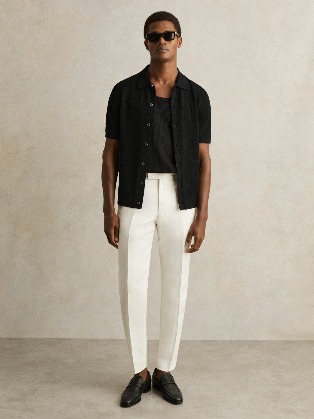 Men Textured Knit Button-Through Shirt in Black