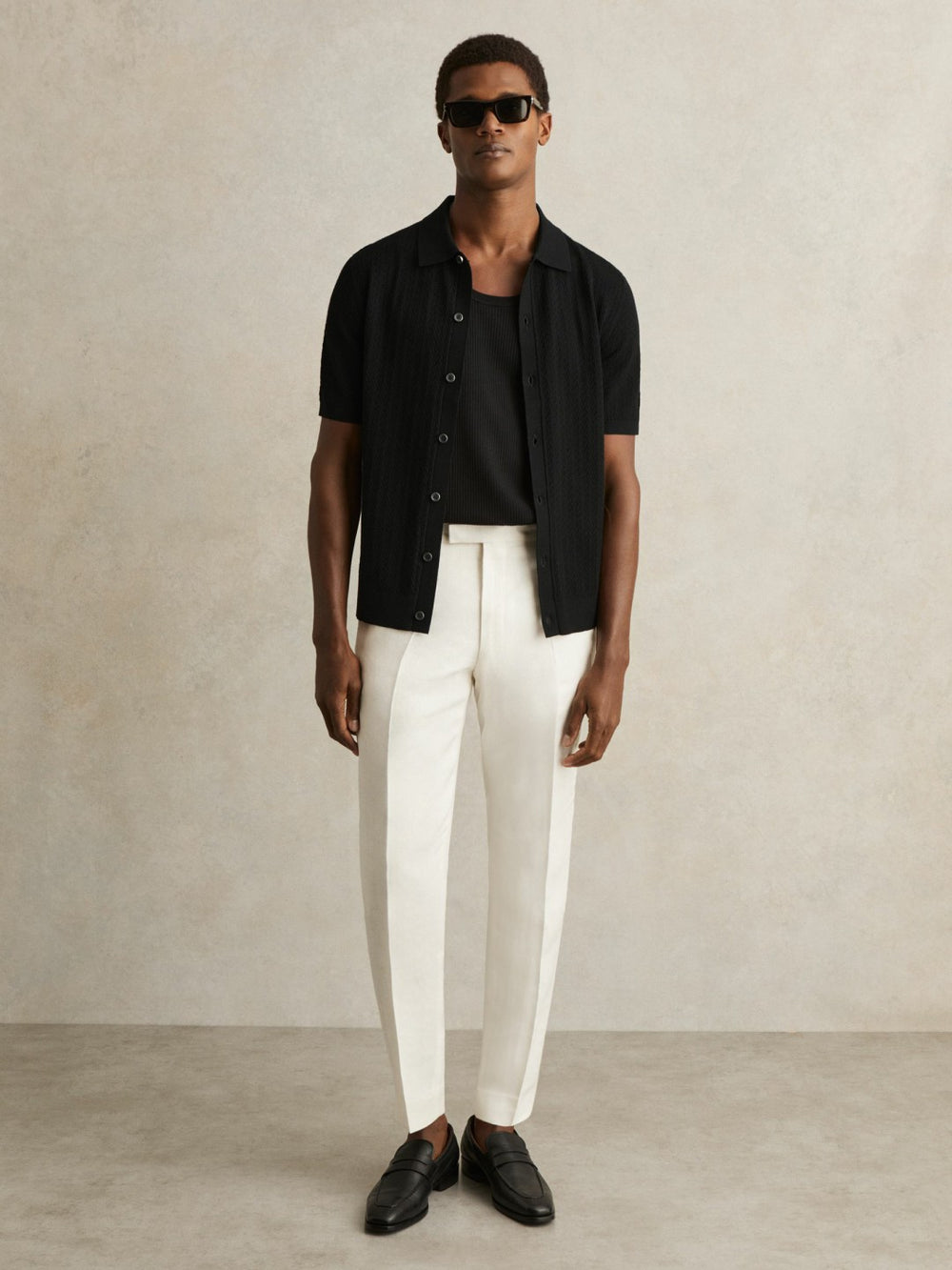 Men Textured Knit Button-Through Shirt in Black