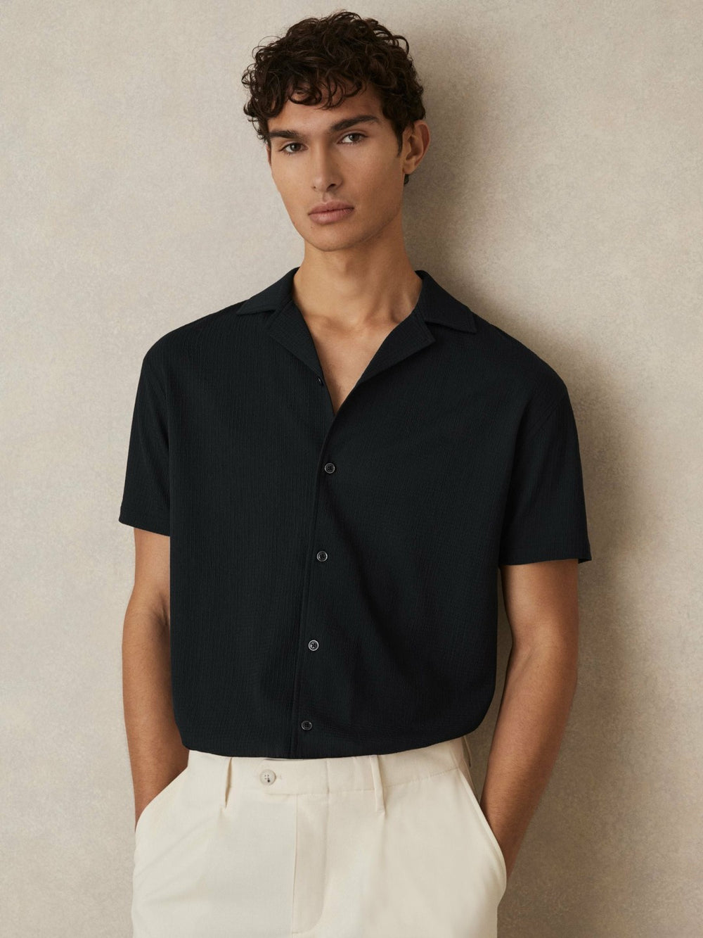 Men Textured Crepe Cuban Collar Shirt in Navy