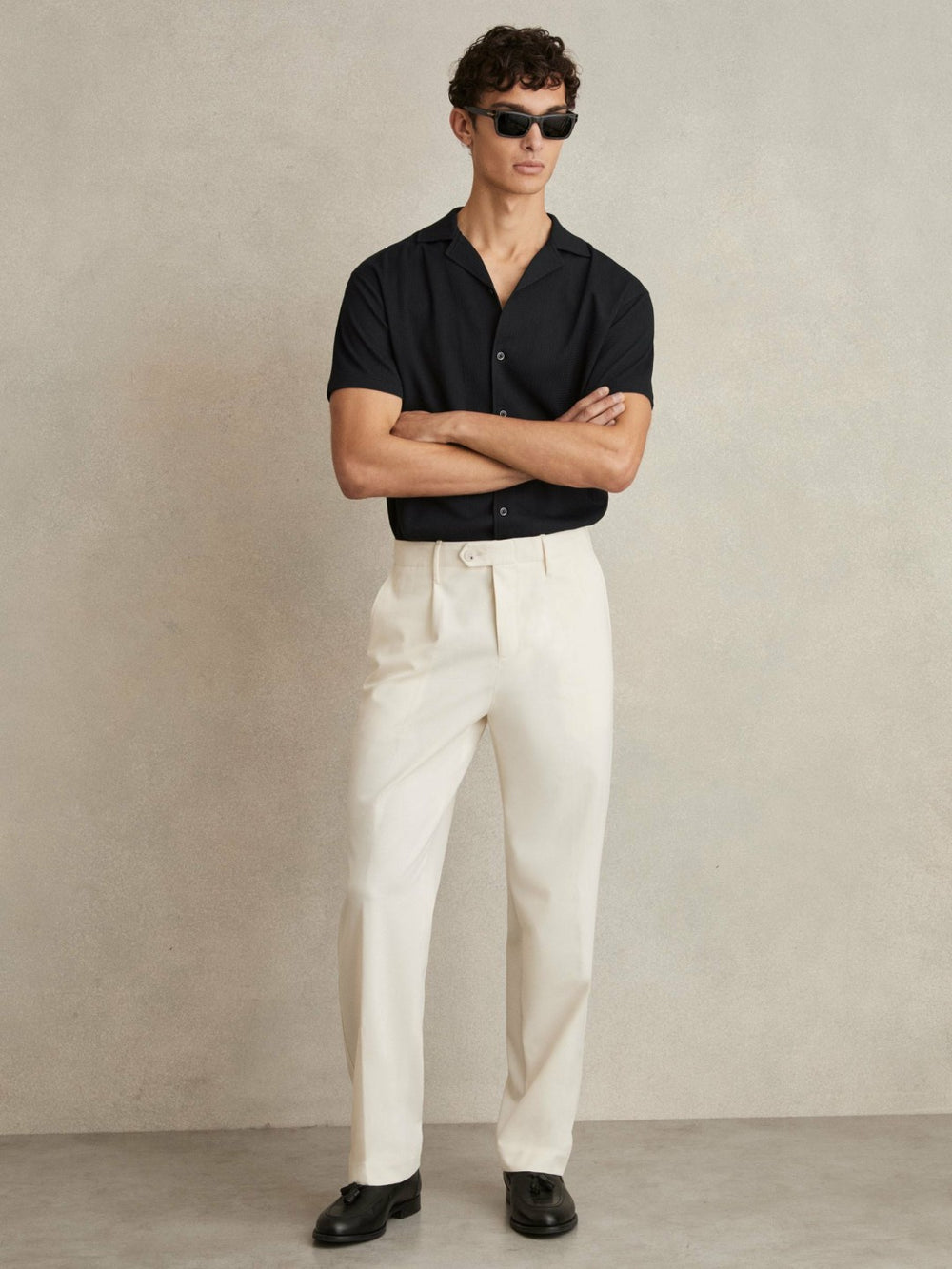 Men Textured Crepe Cuban Collar Shirt in Navy