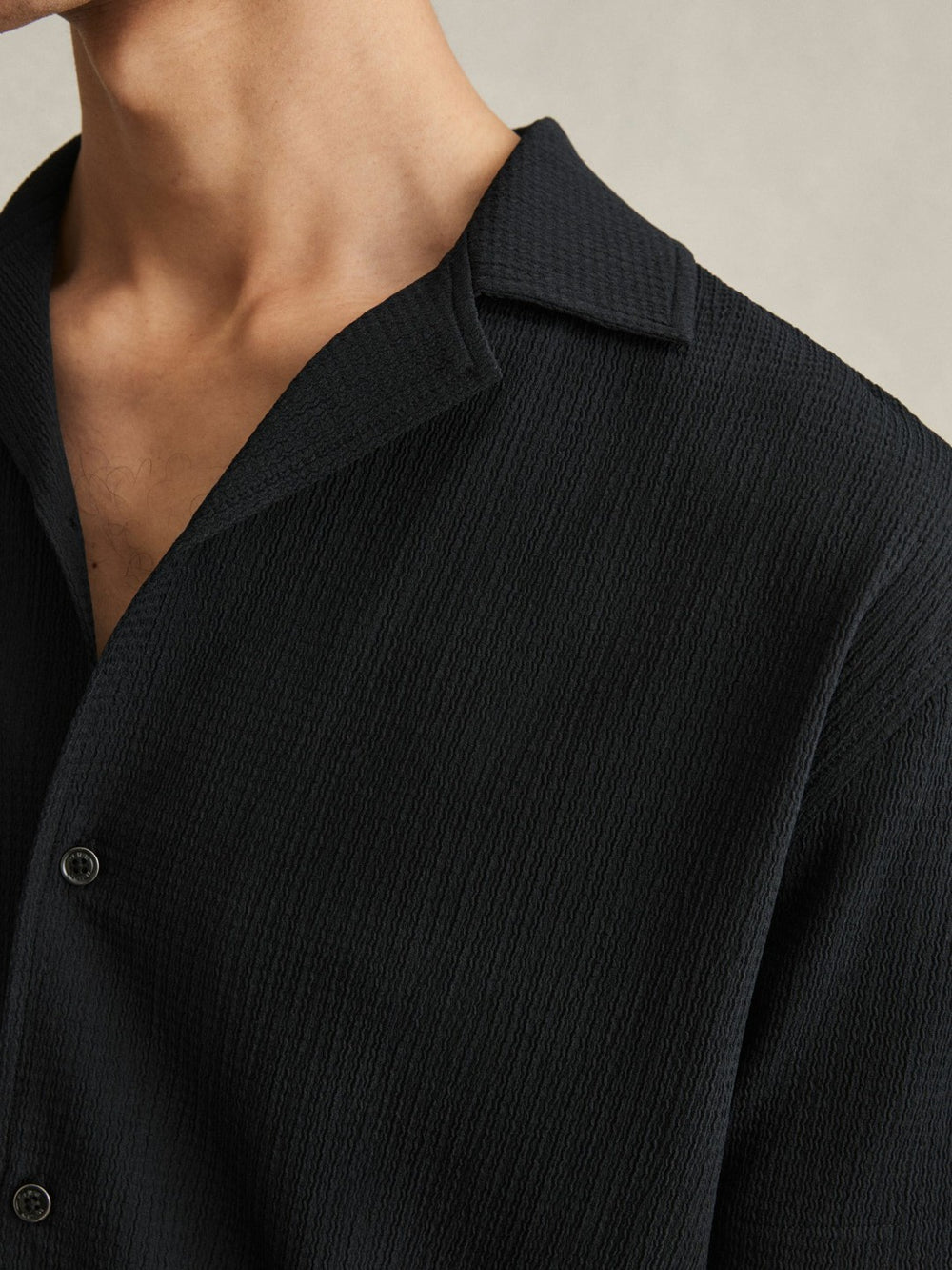 Men Textured Crepe Cuban Collar Shirt in Navy