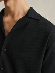 Men Textured Crepe Cuban Collar Shirt in Navy