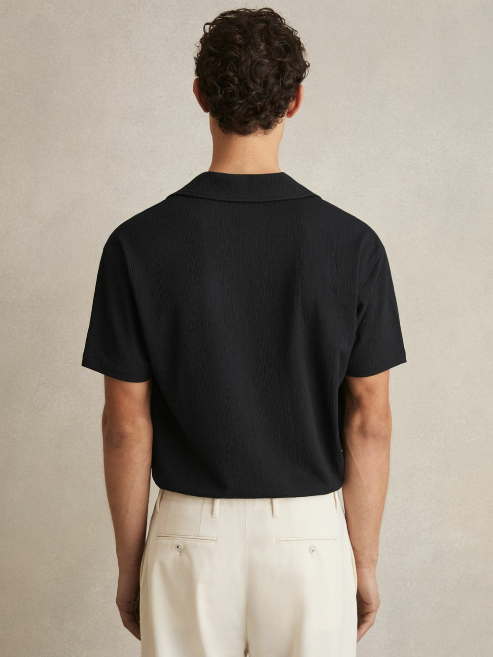 Men Textured Crepe Cuban Collar Shirt in Navy