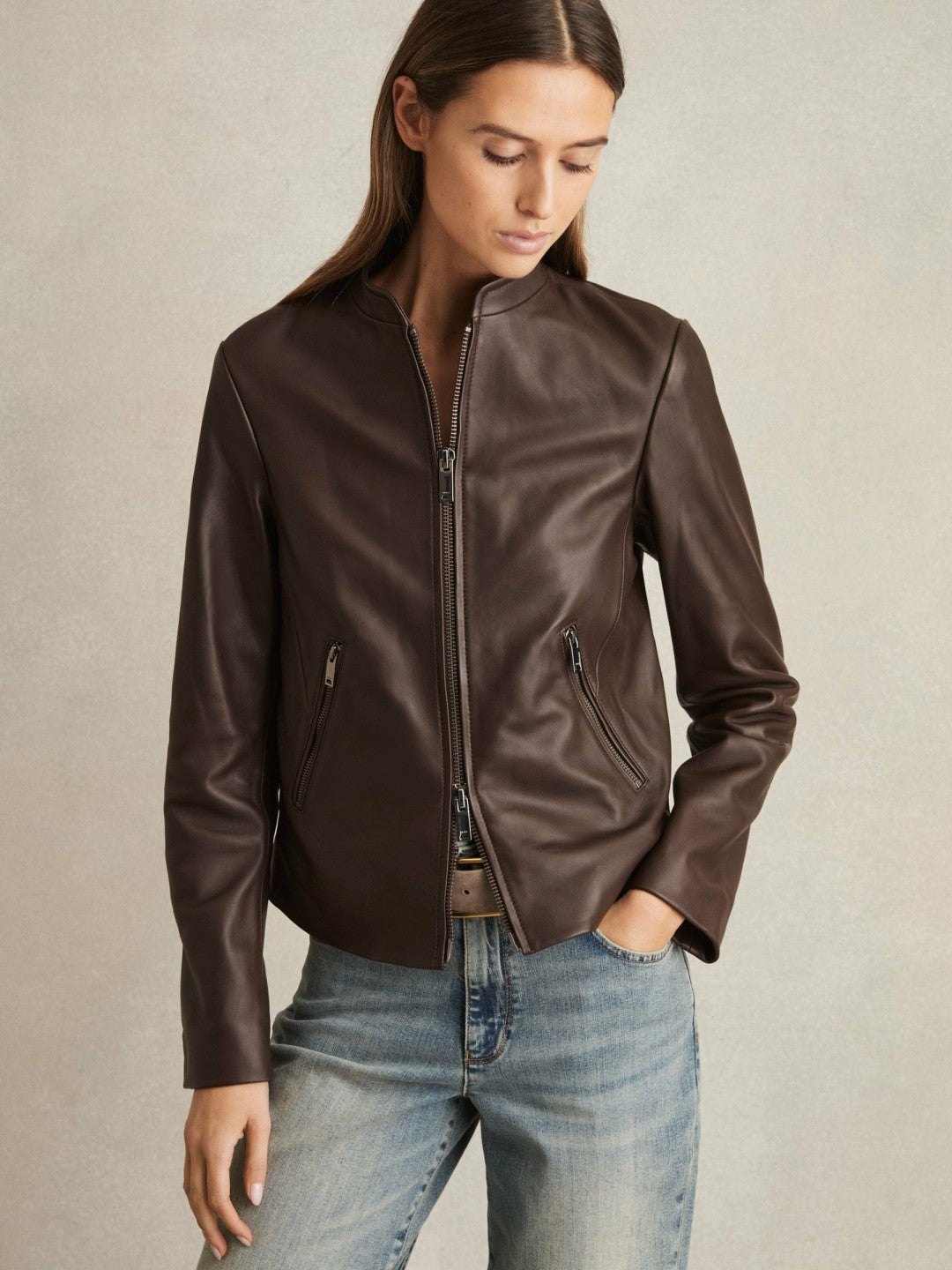 Women Leather Collarless Biker Jacket in Chocolate Brown