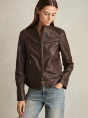 Women Leather Collarless Biker Jacket in Chocolate Brown
