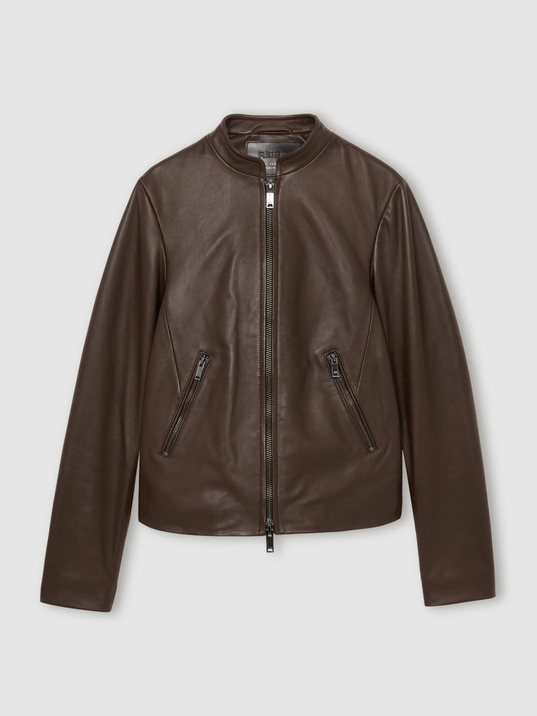 Women Leather Collarless Biker Jacket in Chocolate Brown