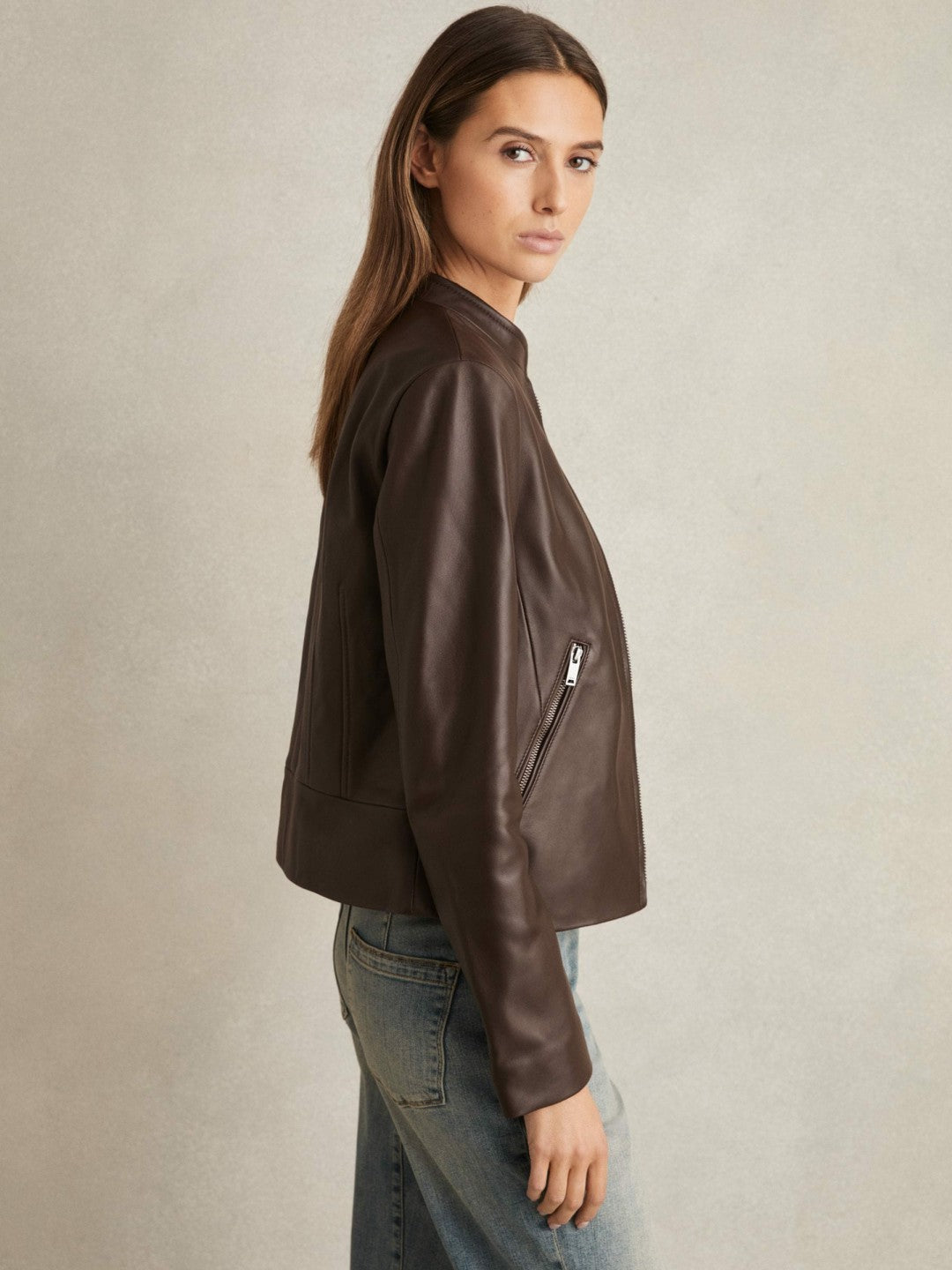 Women Leather Collarless Biker Jacket in Chocolate Brown