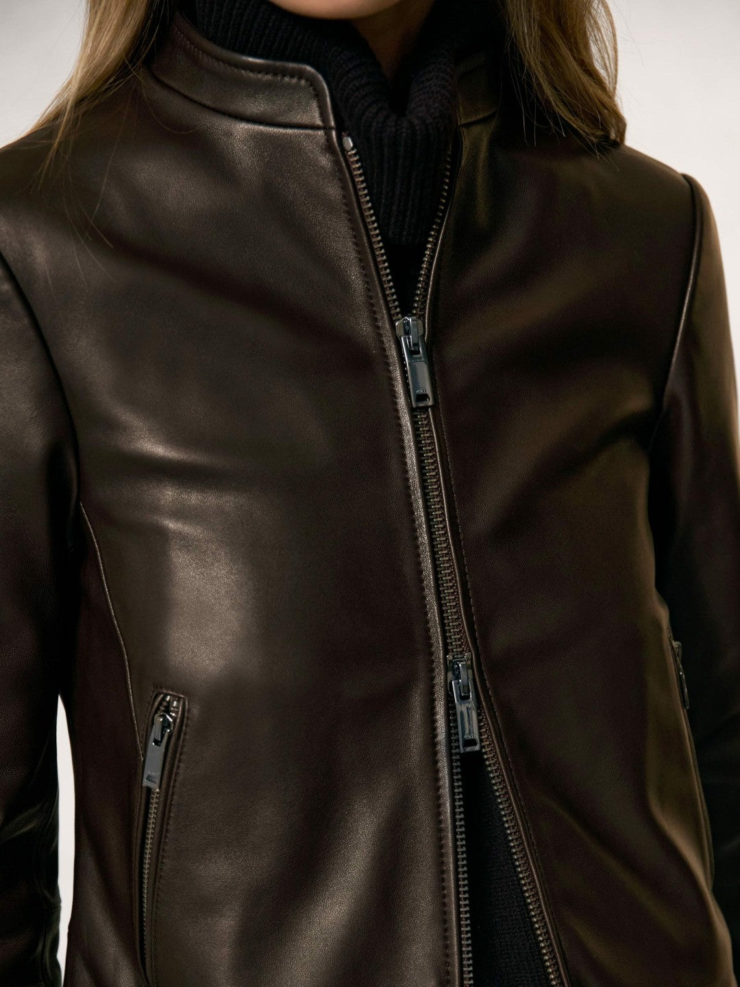 Women Leather Collarless Biker Jacket in Chocolate Brown
