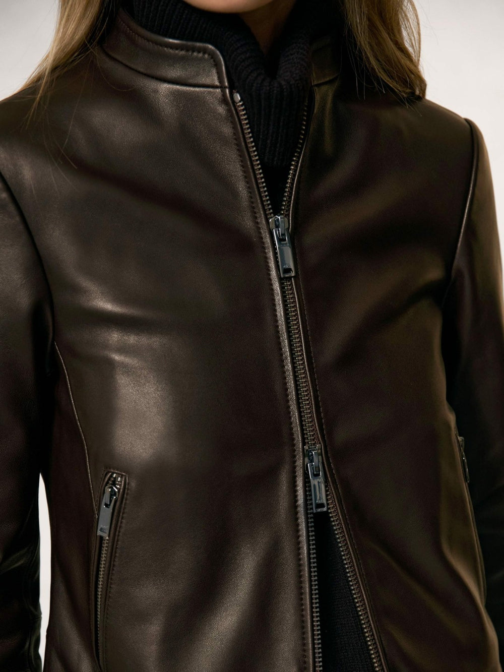 Women Leather Collarless Biker Jacket in Chocolate Brown