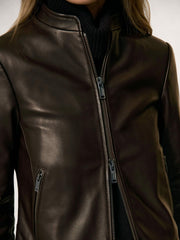 Women Leather Collarless Biker Jacket in Chocolate Brown