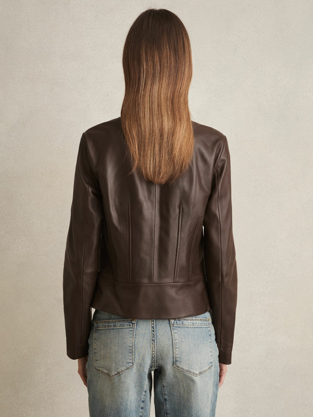 Women Leather Collarless Biker Jacket in Chocolate Brown