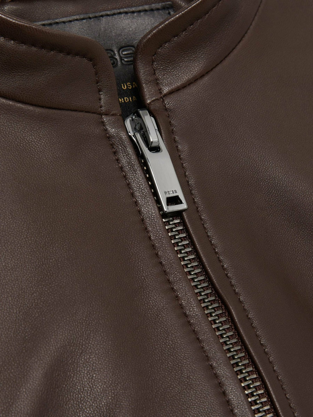Women Leather Collarless Biker Jacket in Chocolate Brown