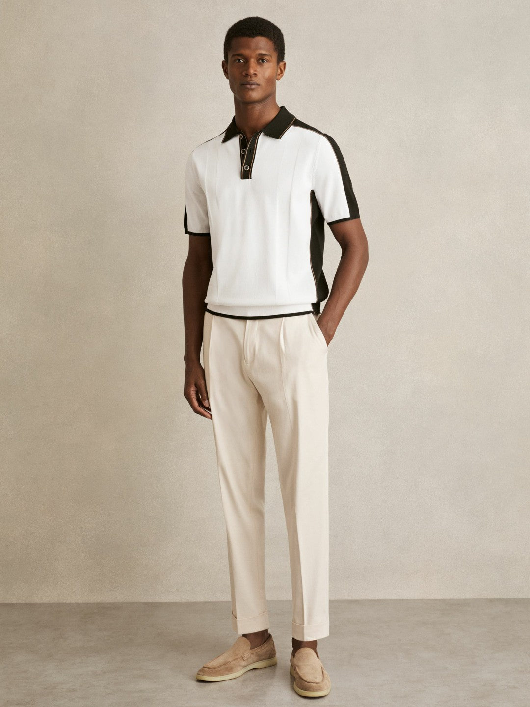 Men Colour-Block Knit Polo Shirt in Optic White/Green