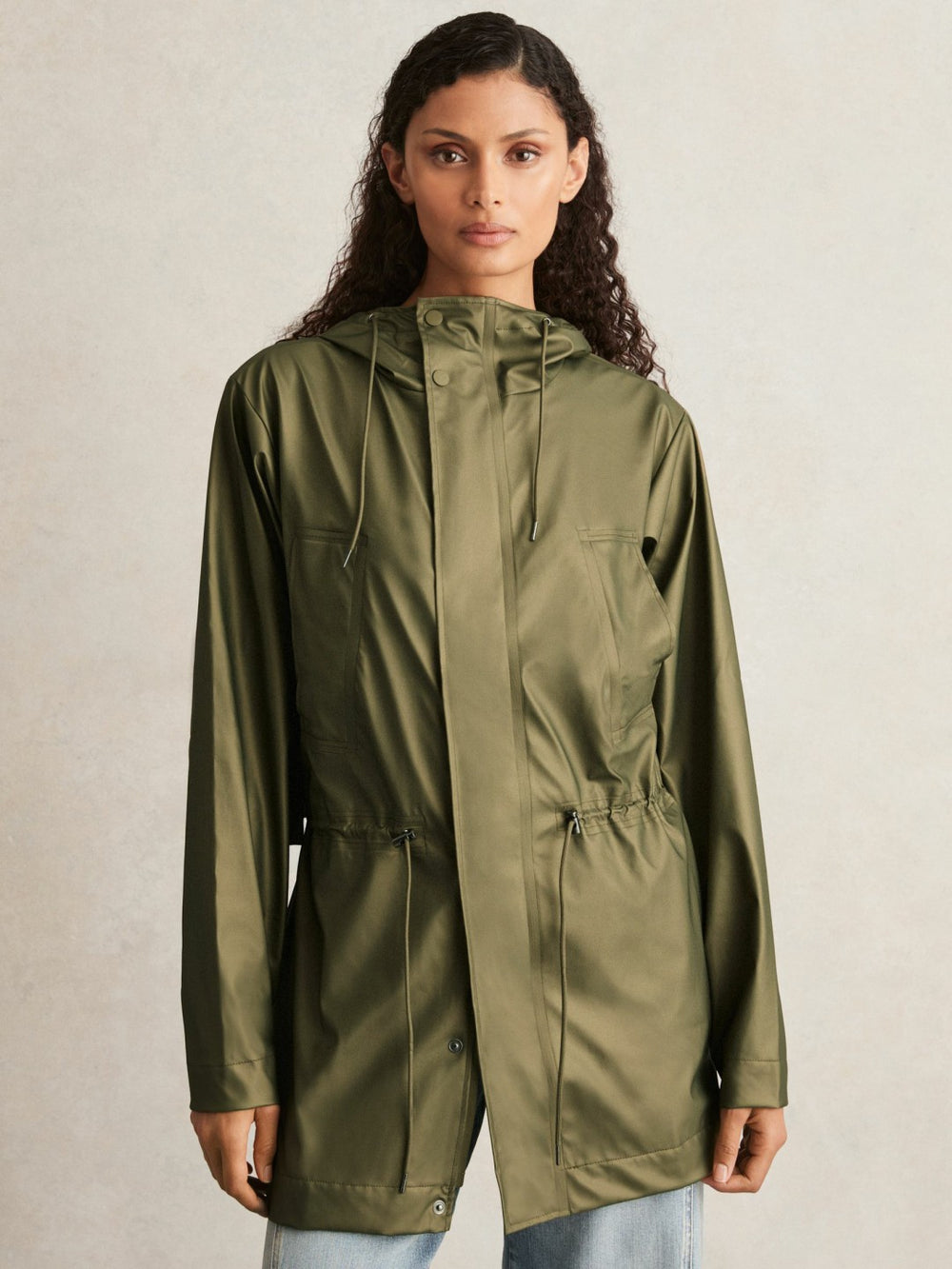 Women Rains Long Hooded Jacket in Revel Brass Green