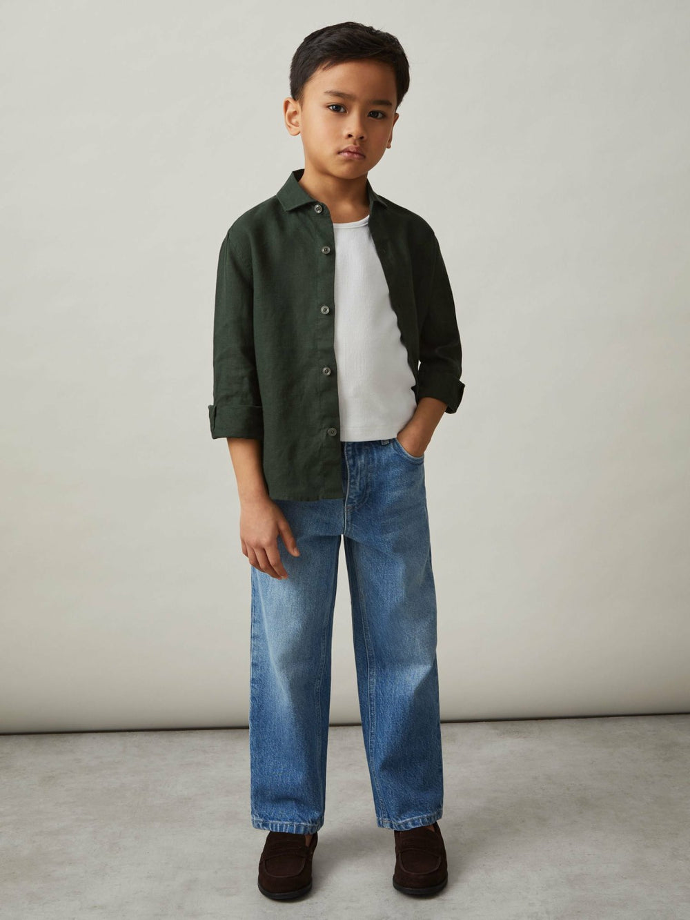 Children & Baby 3-9 yrs Linen Cutaway Collar Shirt in Dark Green