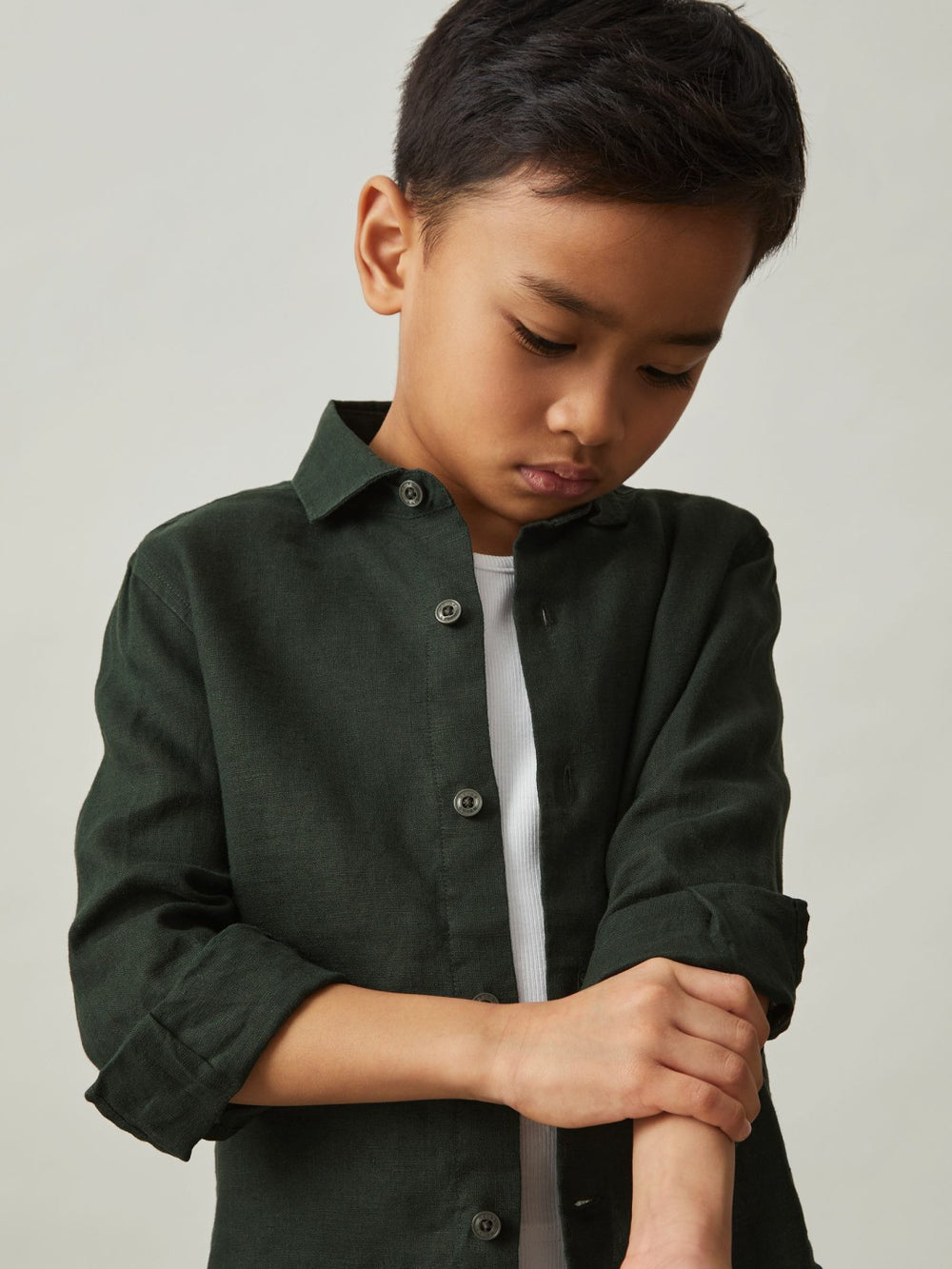 Children & Baby 3-9 yrs Linen Cutaway Collar Shirt in Dark Green