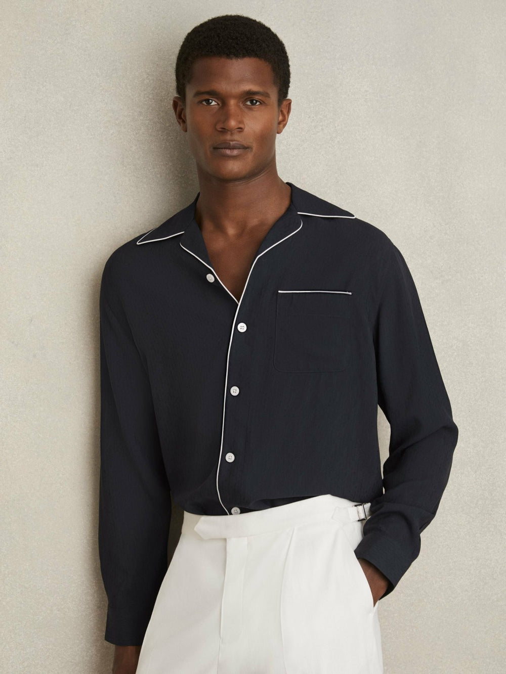 Men Cuban Collar Shirt with Piping Detail Shirt in Navy