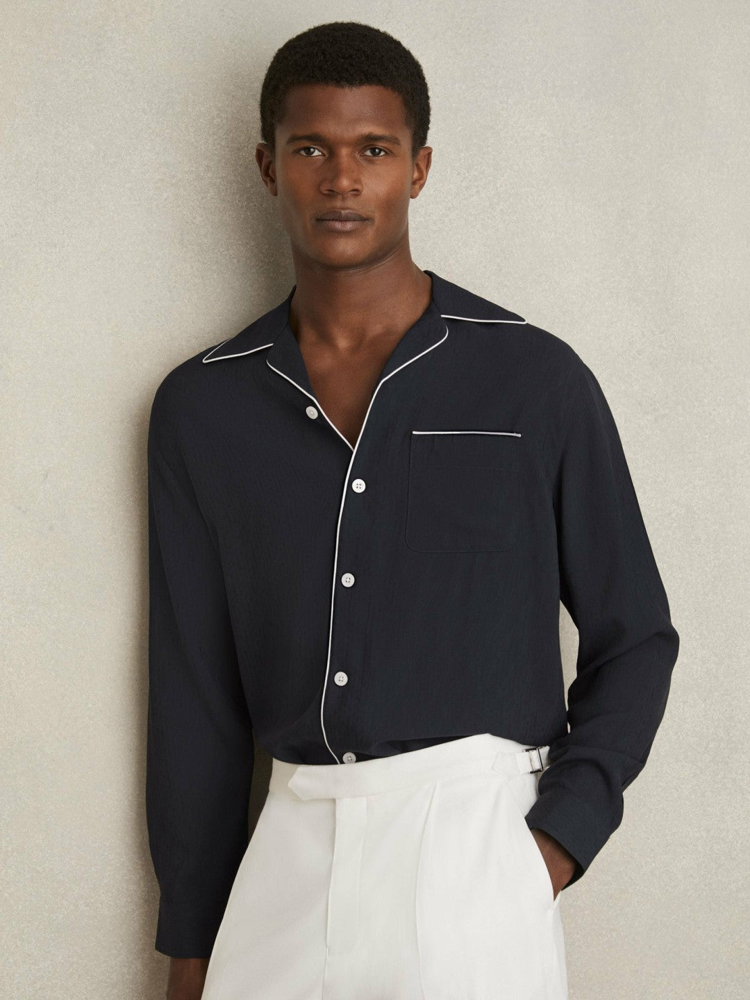 Men Cuban Collar Shirt with Piping Detail Shirt in Navy