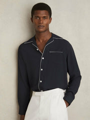 Men Cuban Collar Shirt with Piping Detail Shirt in Navy