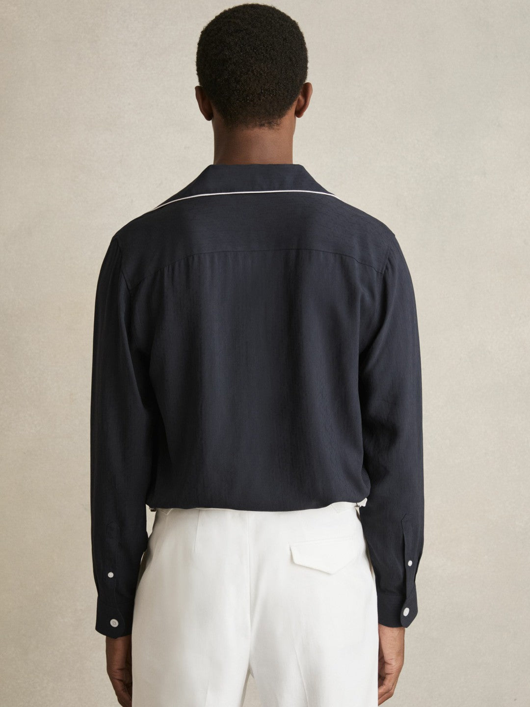 Men Cuban Collar Shirt with Piping Detail Shirt in Navy