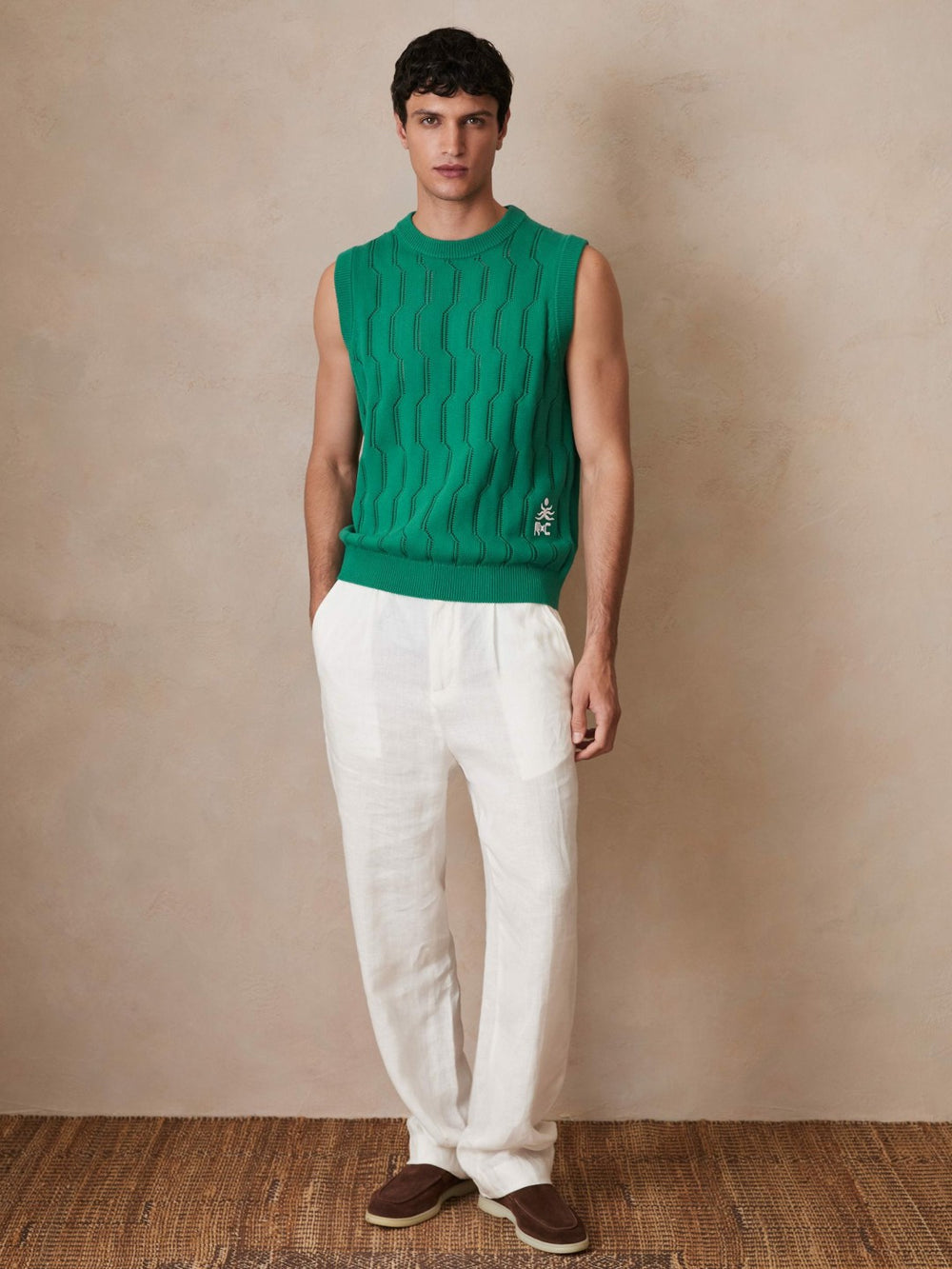 Men Ché Pointelle Crew-Neck Vest in Bright Green