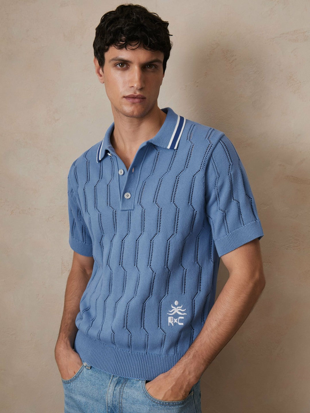 Men | Ché Cotton Pointelle Polo Shirt in Blue