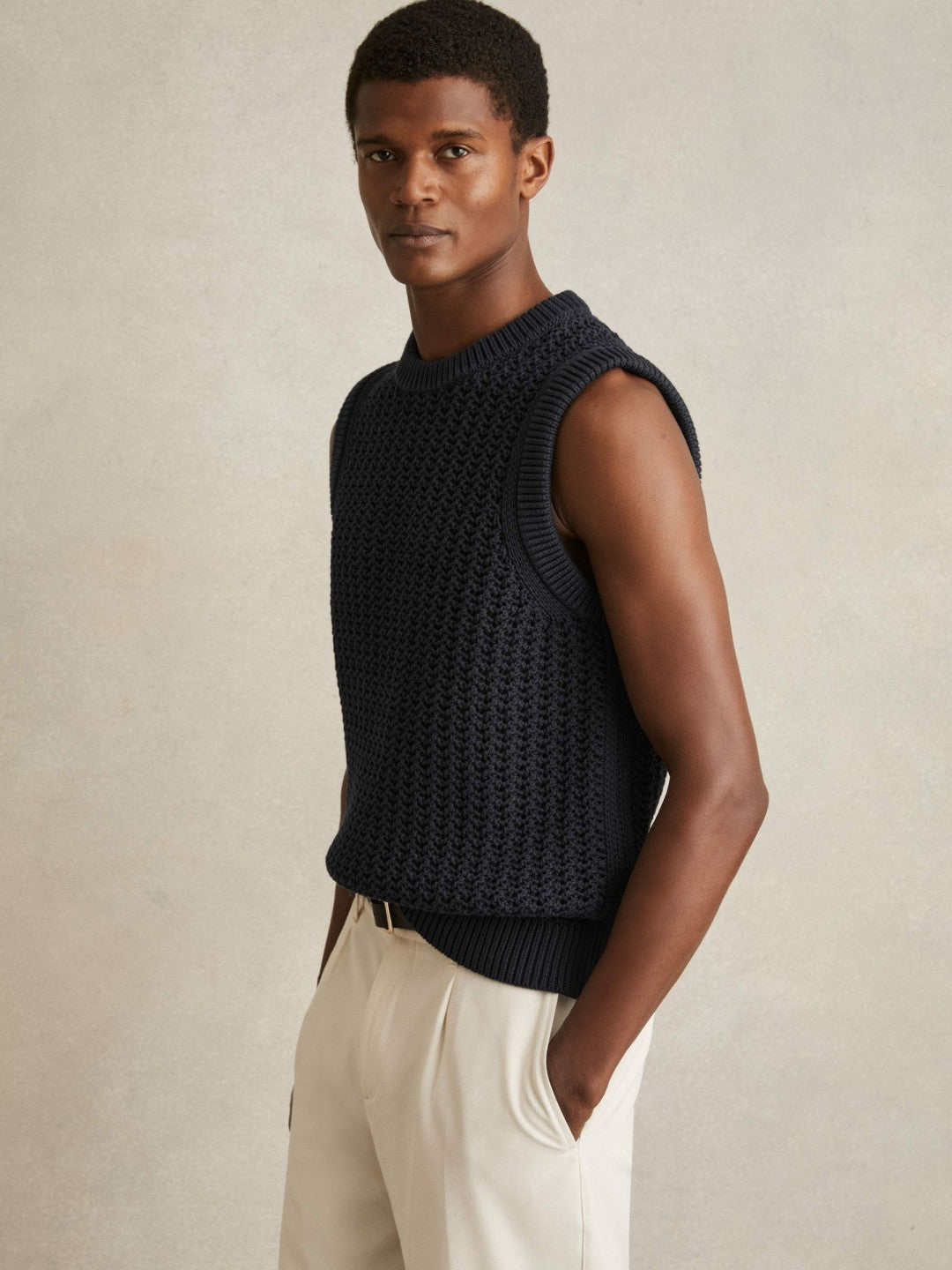 Men Cotton-Blend Crochet Vest in Navy