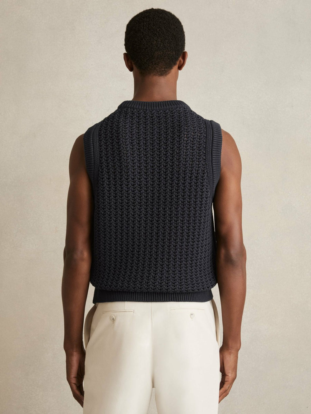 Men Cotton-Blend Crochet Vest in Navy