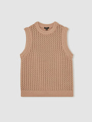 Men Cotton-Blend Crochet Vest in Soft Camel