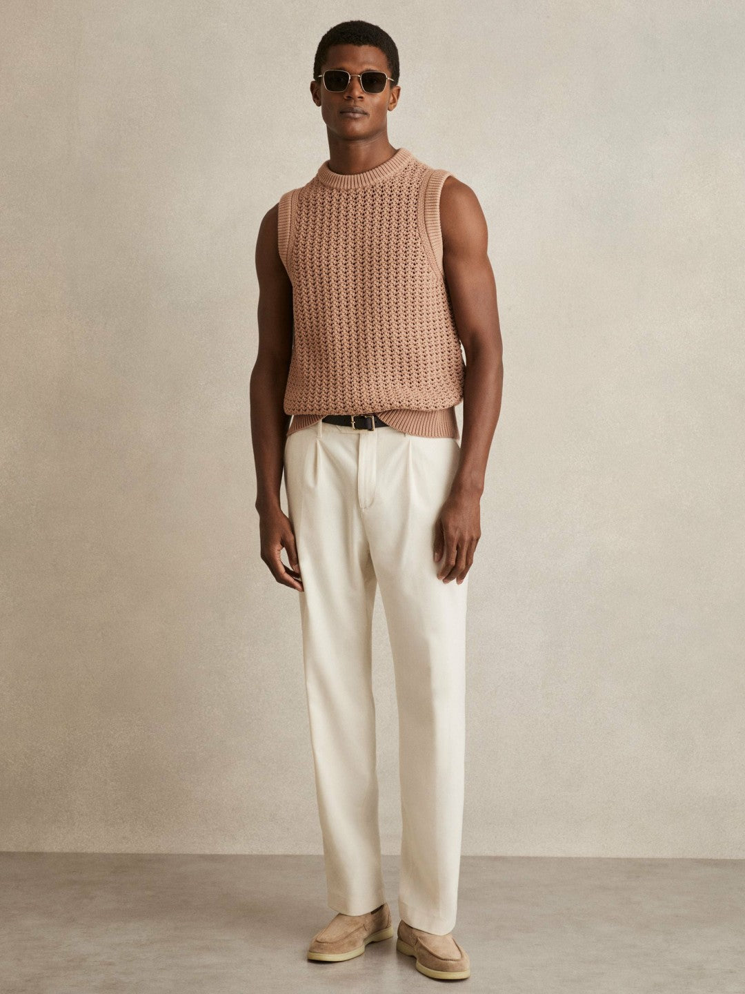 Men Cotton-Blend Crochet Vest in Soft Camel
