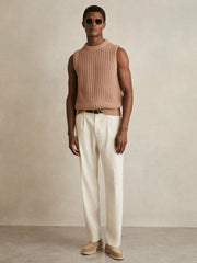 Men Cotton-Blend Crochet Vest in Soft Camel