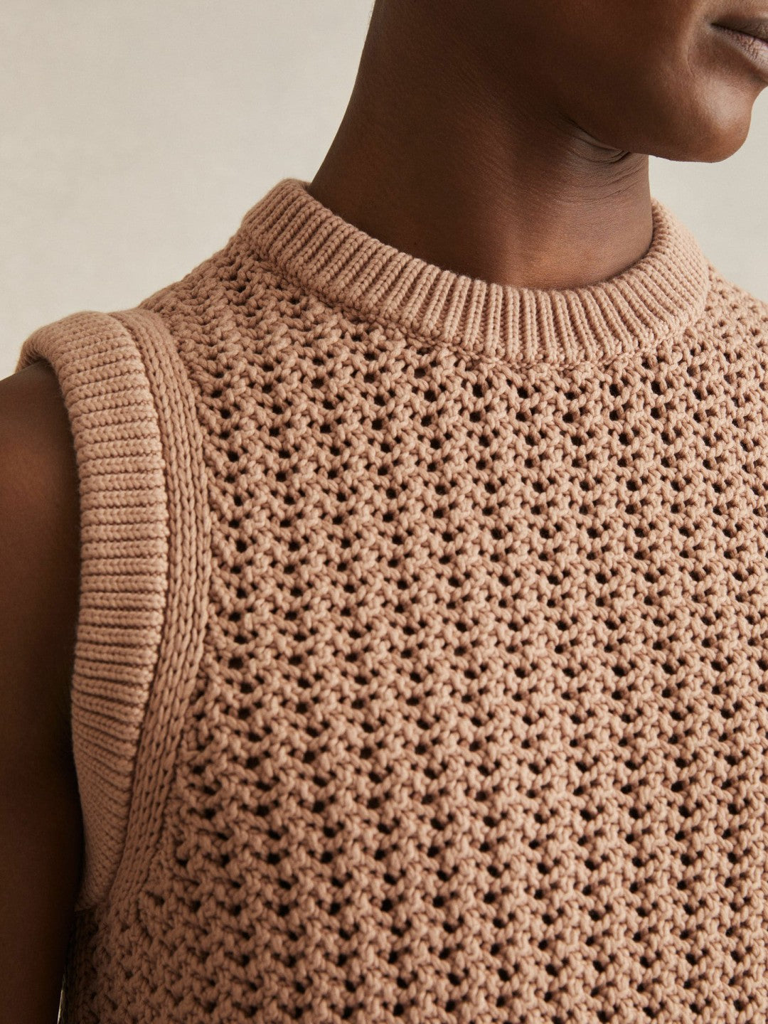 Men Cotton-Blend Crochet Vest in Soft Camel