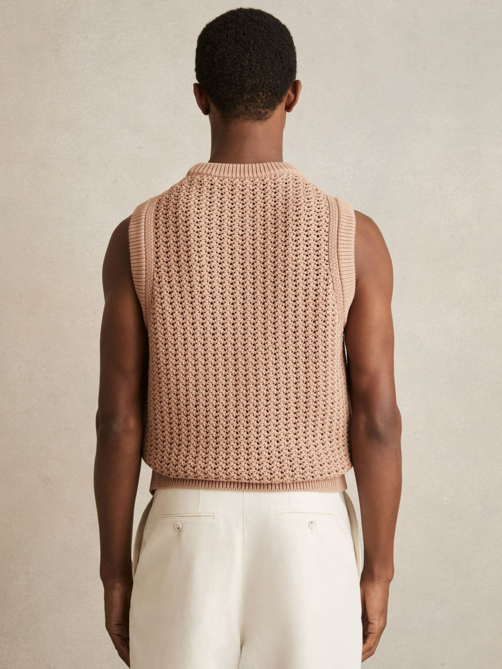 Men Cotton-Blend Crochet Vest in Soft Camel