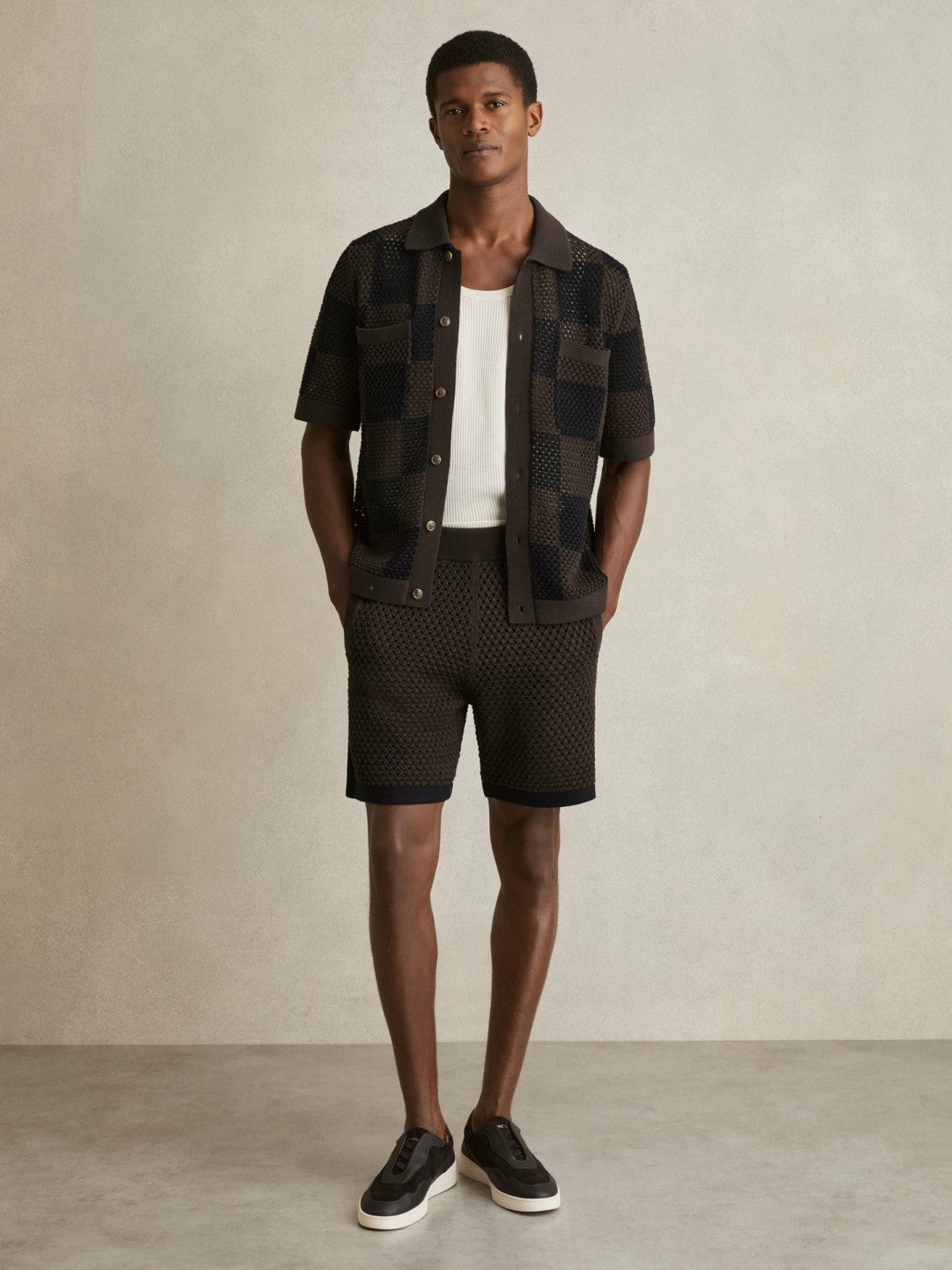 Men Cotton-Blend Crochet Shorts in Chocolate/Navy