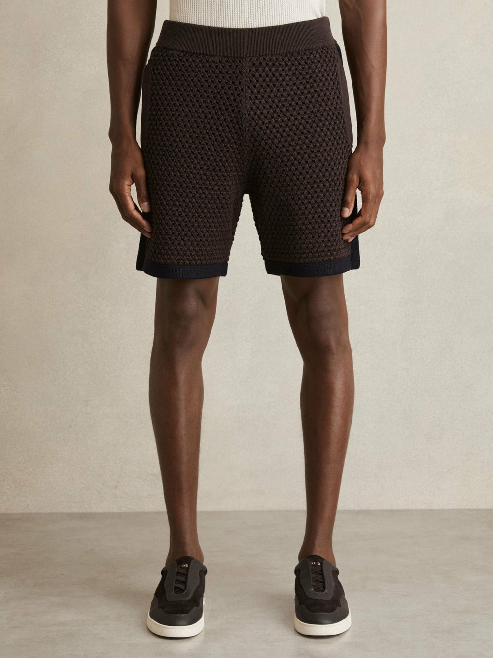 Men Cotton-Blend Crochet Shorts in Chocolate/Navy