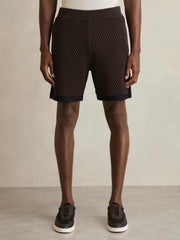 Men Cotton-Blend Crochet Shorts in Chocolate/Navy