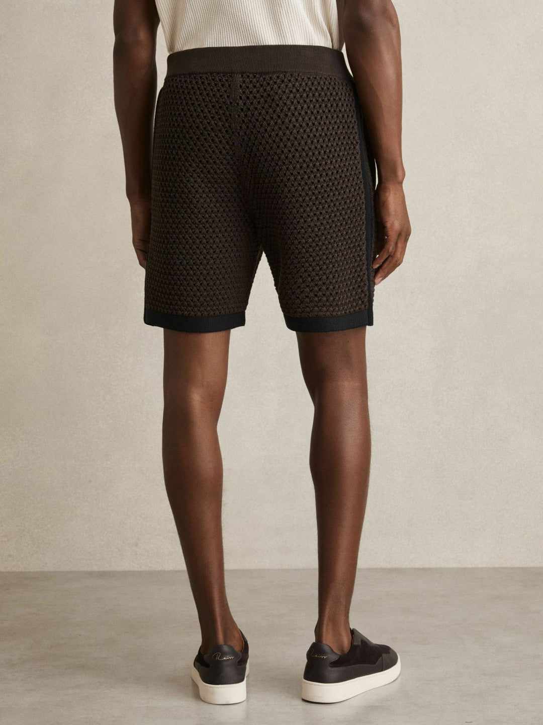 Men Cotton-Blend Crochet Shorts in Chocolate/Navy