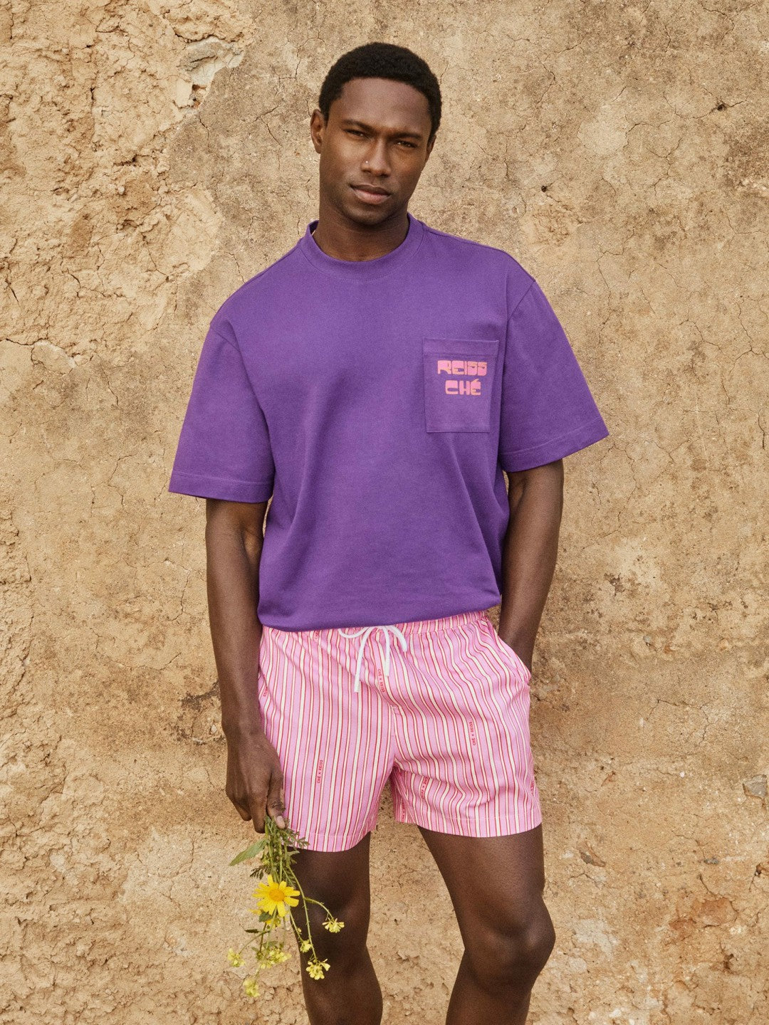 Men | Ché Stripe Swim Shorts in Pink/White