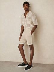 Men Cotton-Blend Crochet Shorts in Taupe/Off White