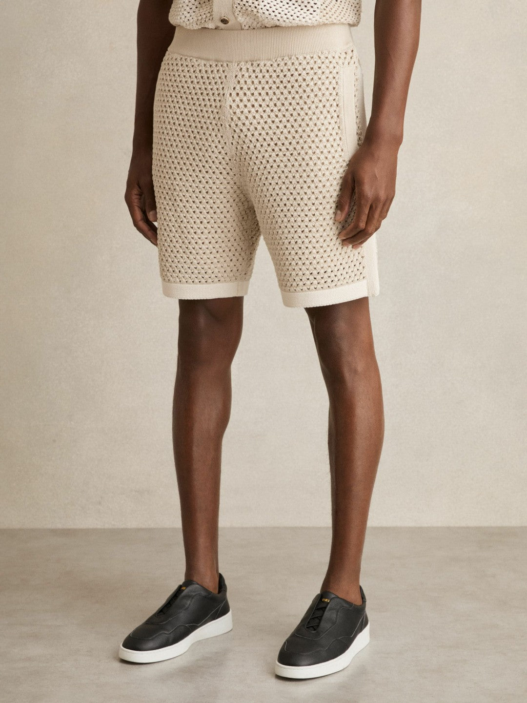 Men Cotton-Blend Crochet Shorts in Taupe/Off White