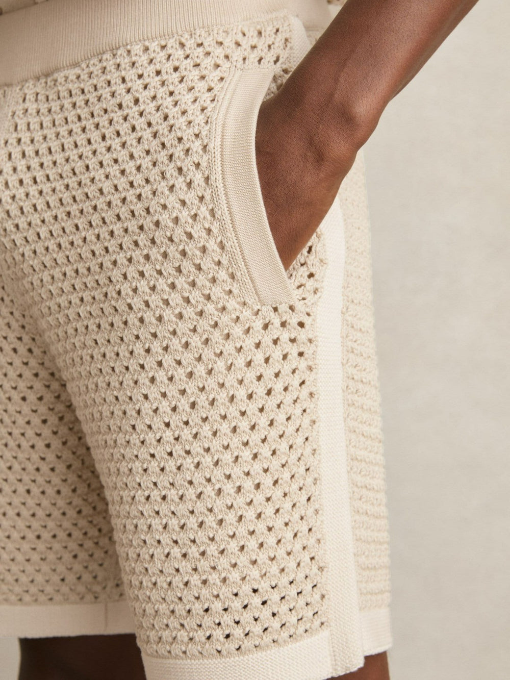 Men Cotton-Blend Crochet Shorts in Taupe/Off White