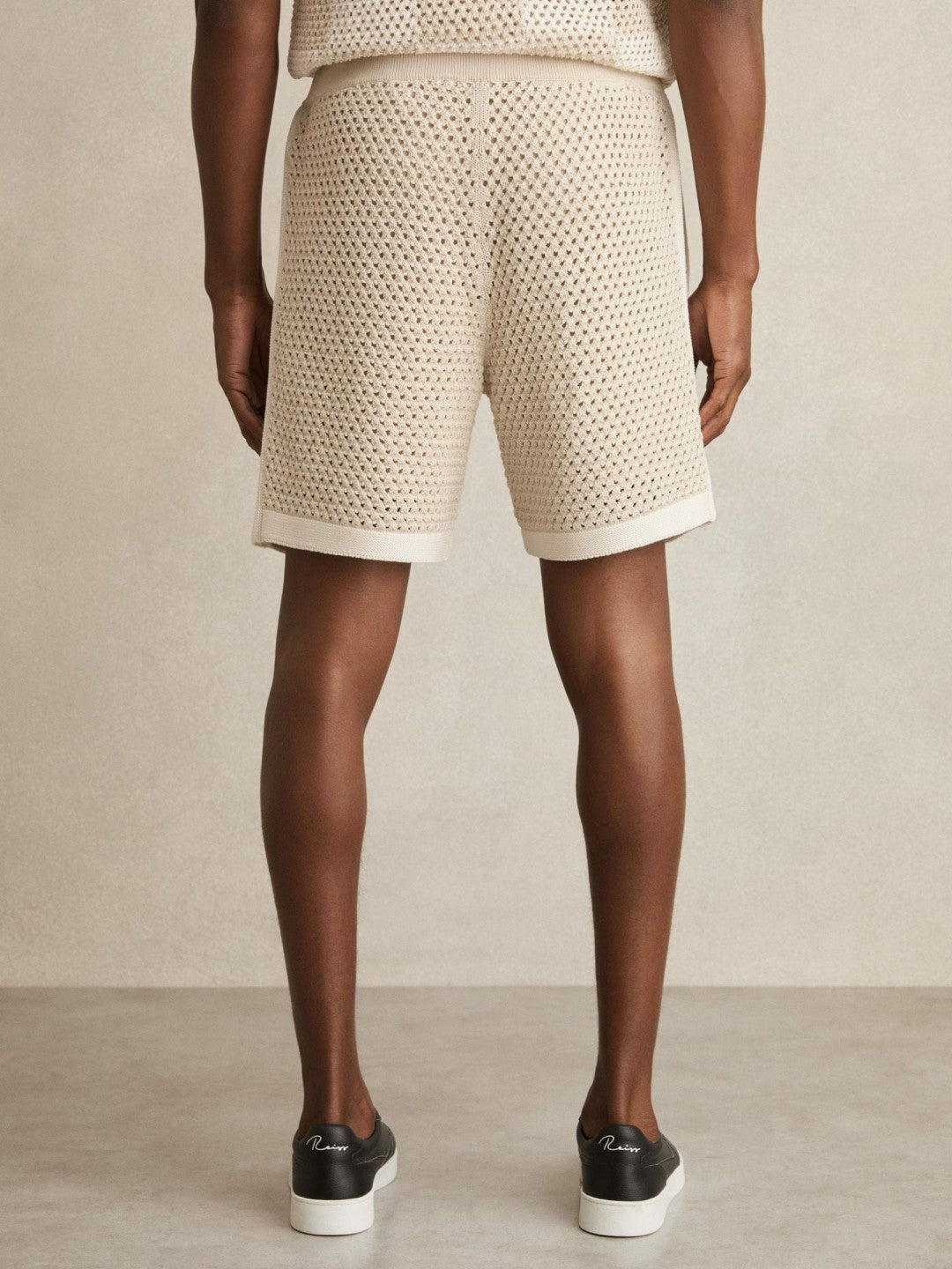 Men Cotton-Blend Crochet Shorts in Taupe/Off White