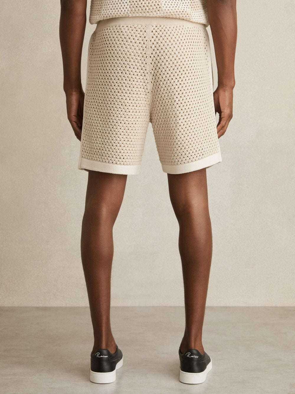 Men Cotton-Blend Crochet Shorts in Taupe/Off White