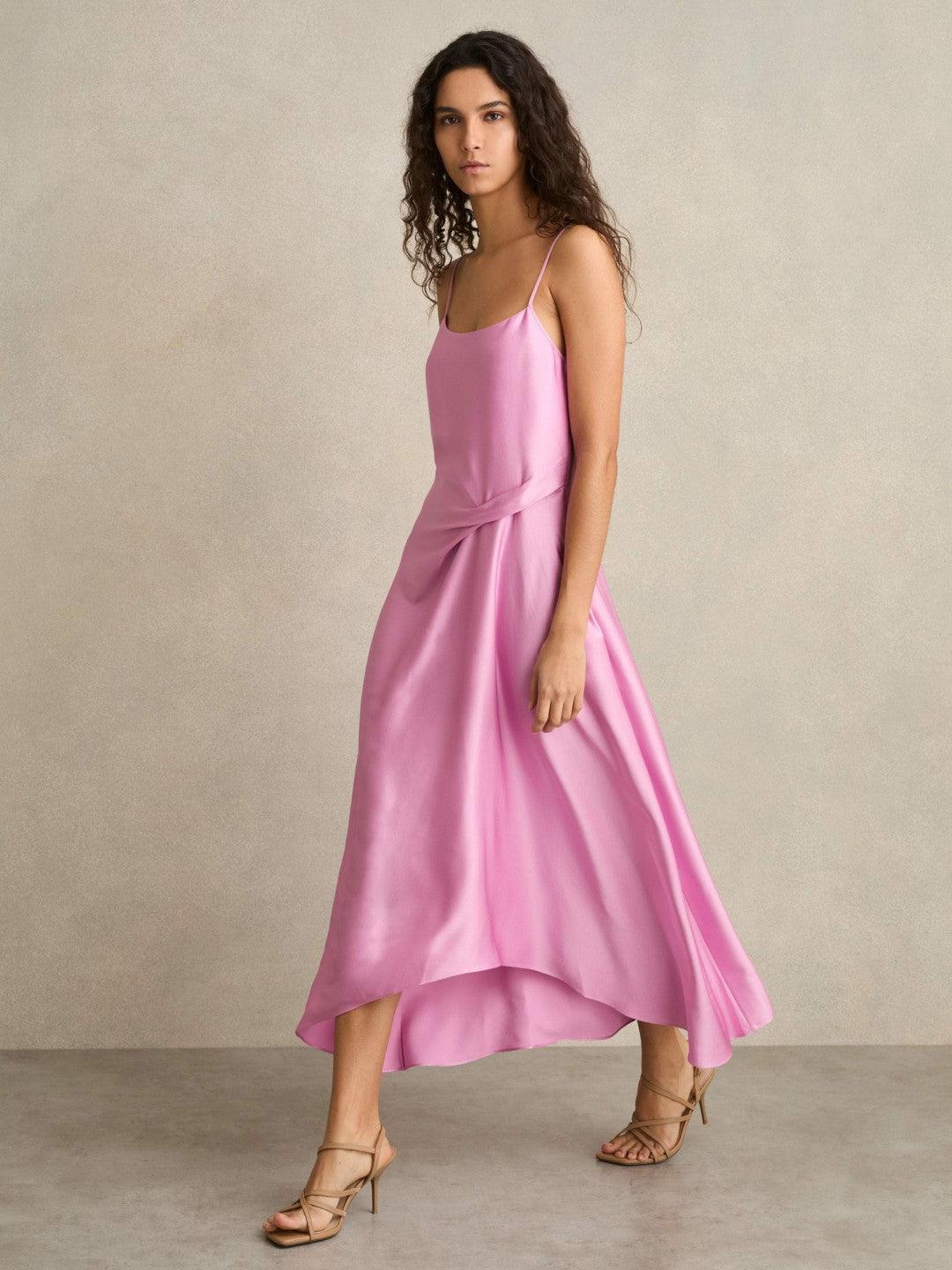 Women Satin Drape-Detail Slip Dress in Pink