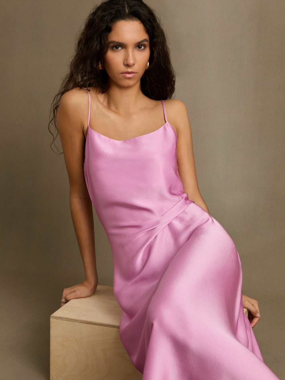 Women Satin Drape-Detail Slip Dress in Pink