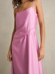 Women Satin Drape-Detail Slip Dress in Pink